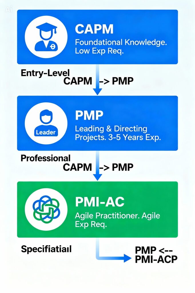 Diagram comparing three credential tiers: 1) Entry-Level (CAPM), 2) Professional (PMP), 3) Specialist (PMI-ACP)