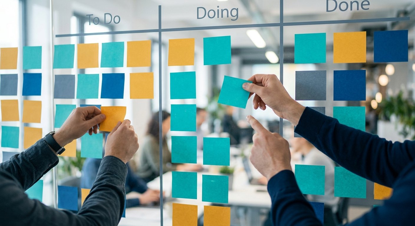 Agile team conducting a standup meeting with sticky notes on a kanban board